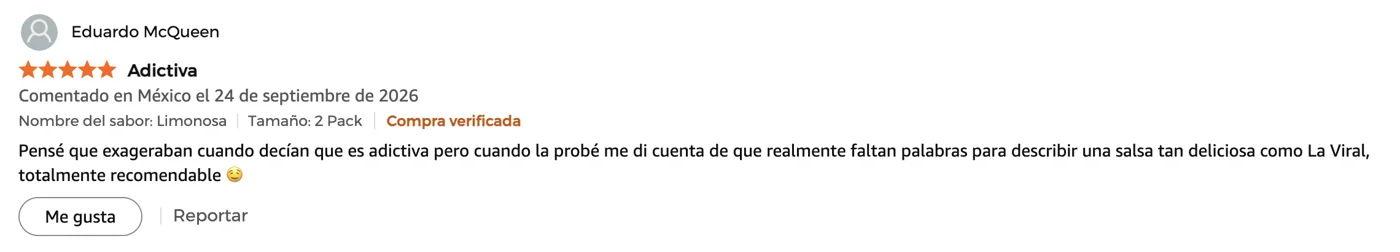 Reseña de cinco estrellas de La Viral en Amazon, compra verificada